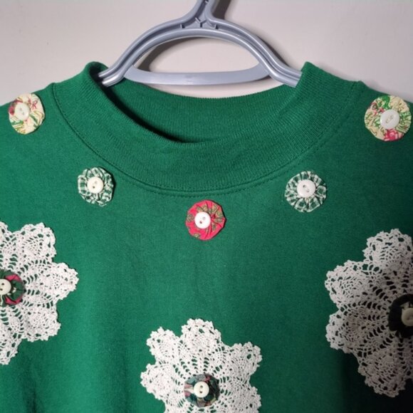 Vintage Green Crewneck Doilies Buttons Plaid Hanes Comfort Blend  Size Large - Picture 3 of 7